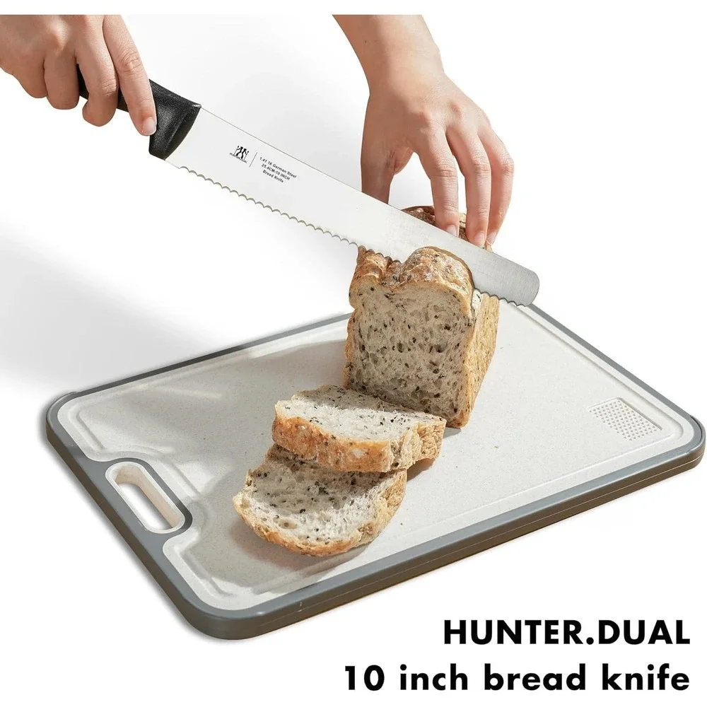 HUNTER.DUAL 10in Serrated Bread Knife German Steel Sourdough Slicer Black